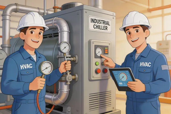 HVAC service technicians maintaining industrial chiller